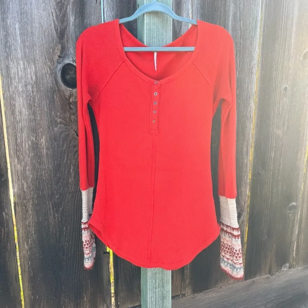 Free People Orange Red Thermal Ribbed Top Boho Contrast Knit Sleeve Henley LS M